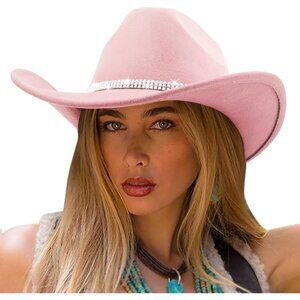 Women Light Pink Western with Braided Band Buckle Classic Fedora Cowboy Felt Hat